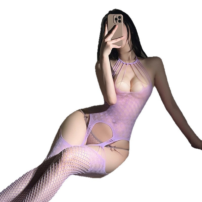 홀터넥 펀칭 가슴이 드러난 시스루 가랭이 오픈 팬티 스타킹 유혹적인 속옷