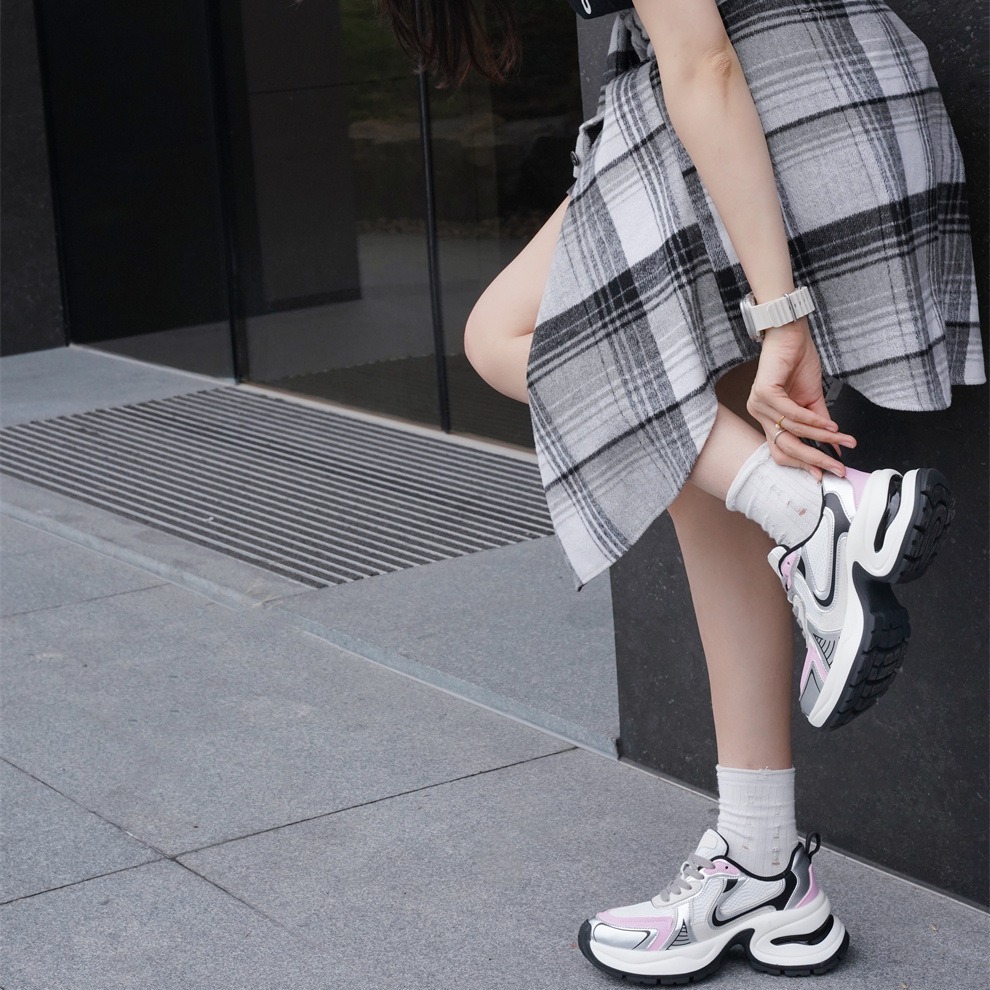 실버 가죽 두툼한 아빠 구두 여성도 키 높이 7 센티미터 스포티한 스니커즈