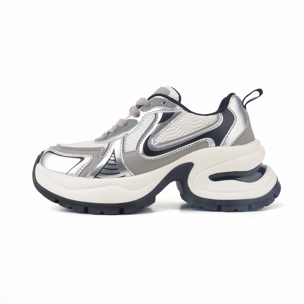 실버 가죽 두툼한 아빠 구두 여성도 키 높이 7 센티미터 스포티한 스니커즈