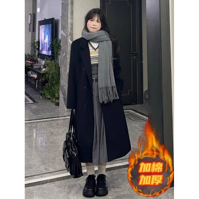 가을겨울 키 작은 블랙 트위드 코트 두툼한 더블 모직 코트