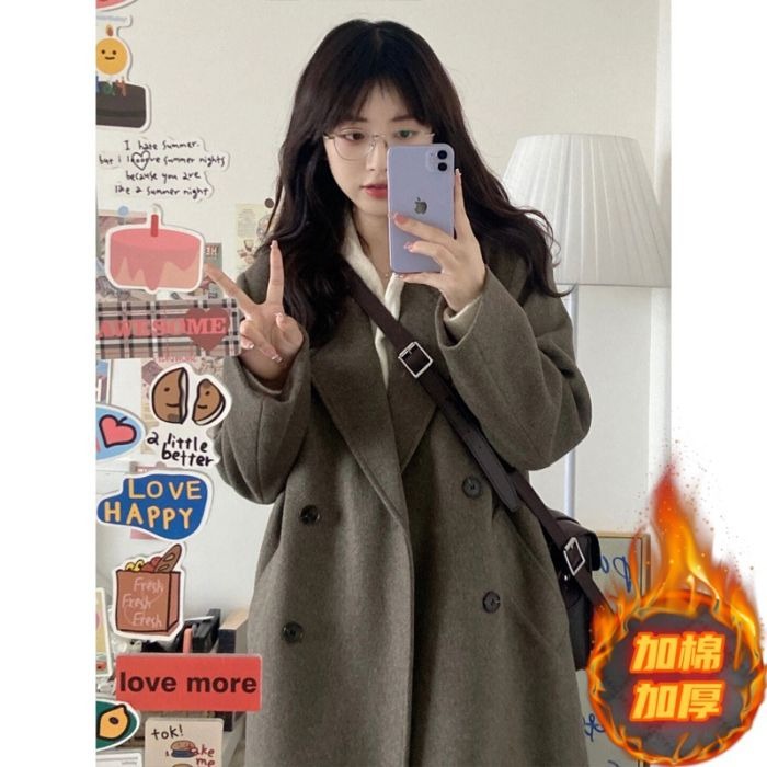 가을겨울 키 작은 블랙 트위드 코트 두툼한 더블 모직 코트