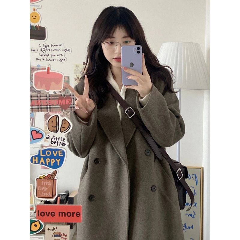 가을겨울 키 작은 블랙 트위드 코트 두툼한 더블 모직 코트