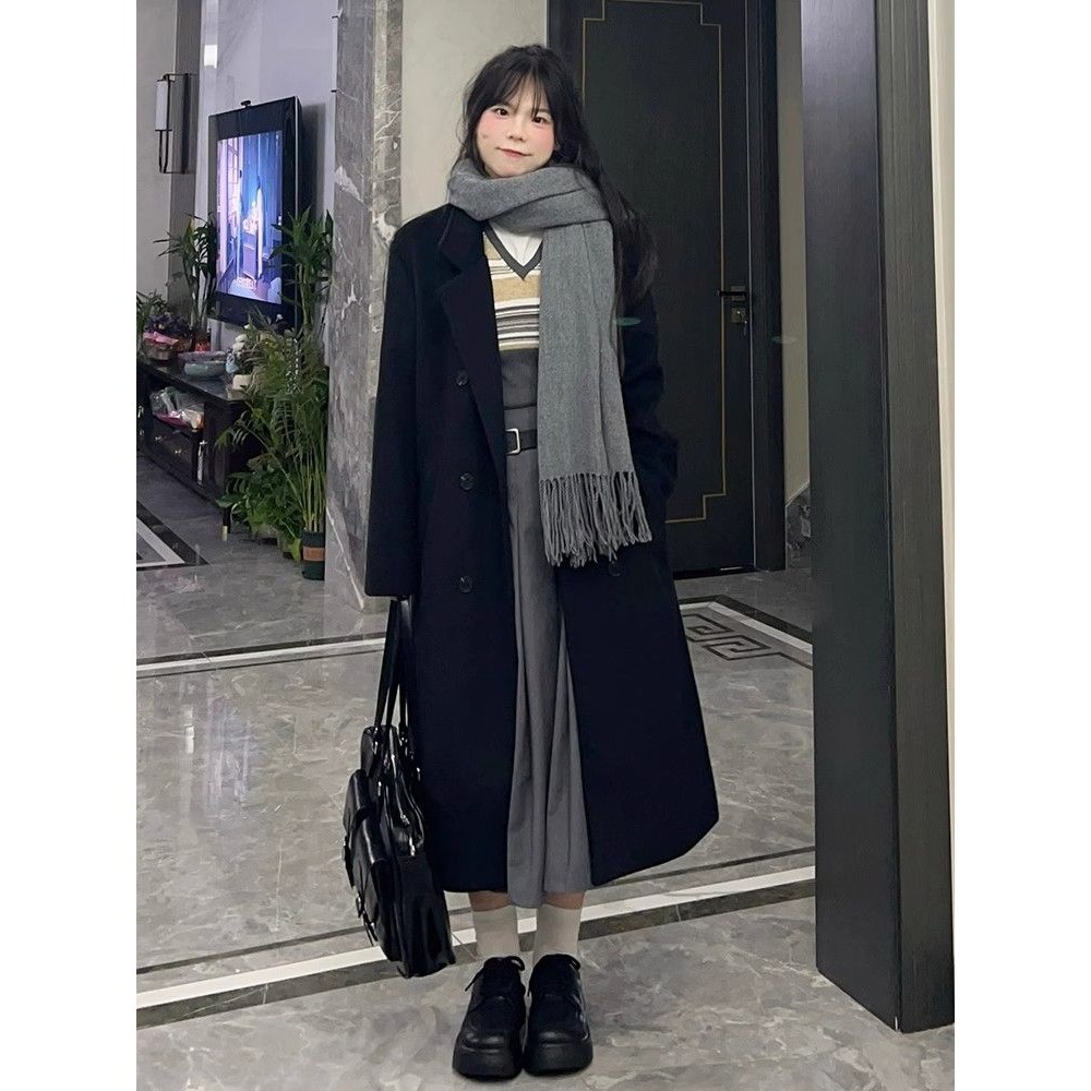 가을겨울 키 작은 블랙 트위드 코트 두툼한 더블 모직 코트