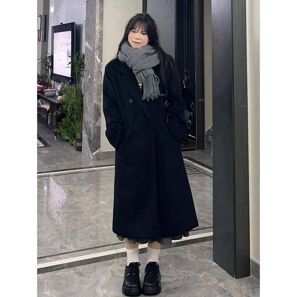 가을겨울 키 작은 블랙 트위드 코트 두툼한 더블 모직 코트