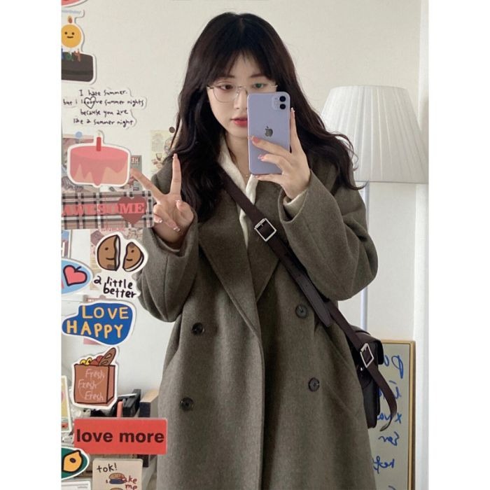 가을겨울 키 작은 블랙 트위드 코트 두툼한 더블 모직 코트