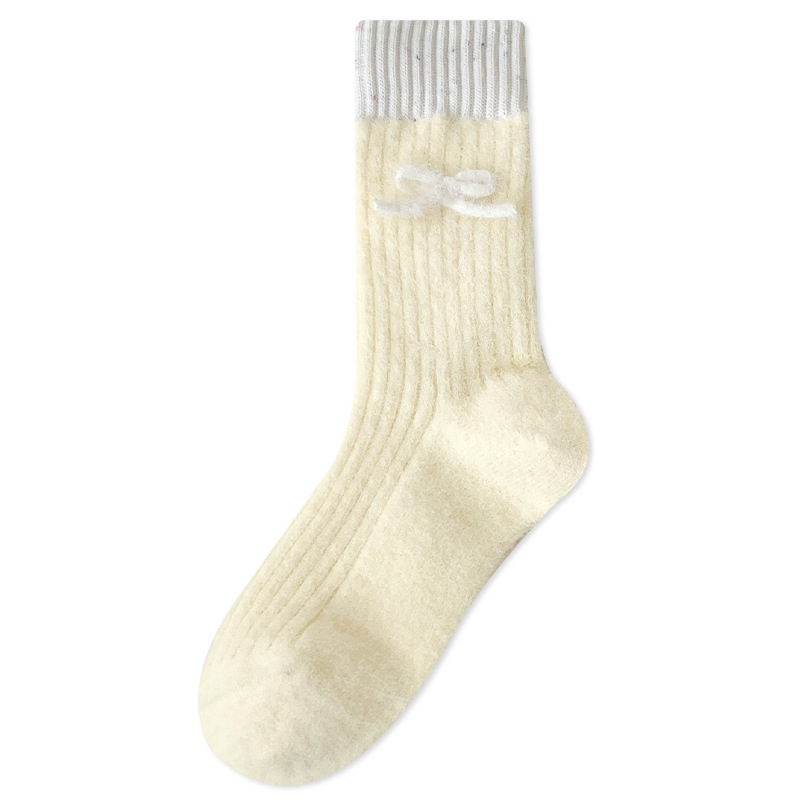 마카오 다운 가을 겨울 여자 리본 미들탑 양말 겨울 기모 두툼하고 따뜻한 수면 양말