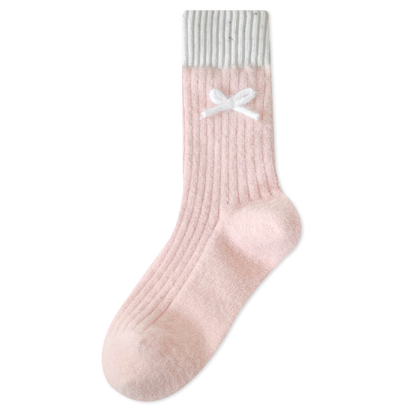 마카오 다운 가을 겨울 여자 리본 미들탑 양말 겨울 기모 두툼하고 따뜻한 수면 양말