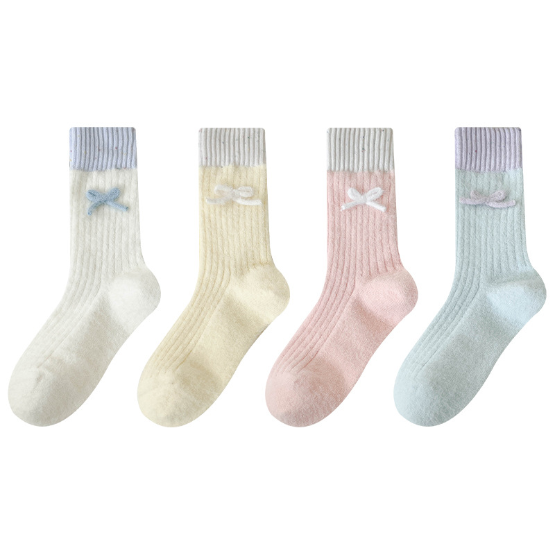 마카오 다운 가을 겨울 여자 리본 미들탑 양말 겨울 기모 두툼하고 따뜻한 수면 양말