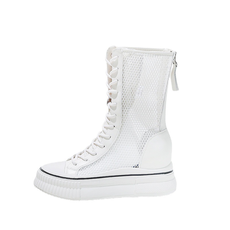 여름 가죽 소재의 얇은 망사 부츠 여성용 새로운 스타일 어디에나 걸칠 수 있는 두꺼운 밑창 키높이 여성용 펀칭 부츠