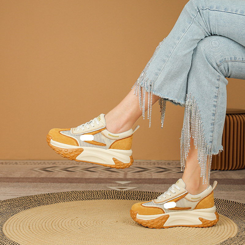 아빠 가죽 슈즈녀 여름 신상품 두꺼운 밑창 속 키높이 메쉬 통기성 얇은 스니커즈 여성