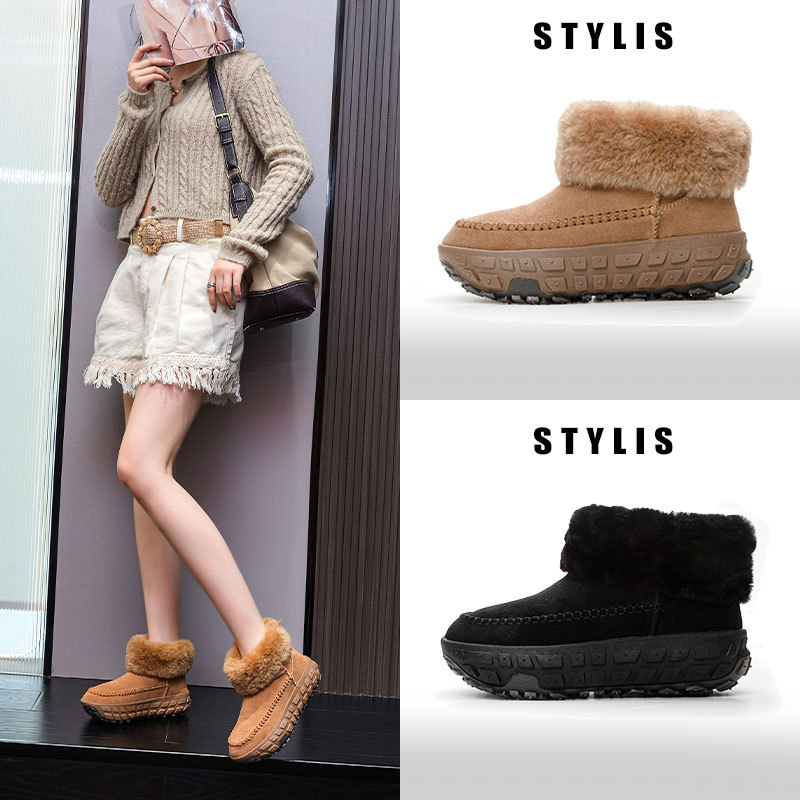 겨울 신상품 가죽 타이어 밑창 스노우 부츠 여성 한국 도톰한 보온 레저 동북 면화 신발