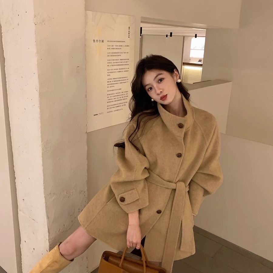 모직 가을 코트 차이나 칼라 심플한 밴딩 점퍼