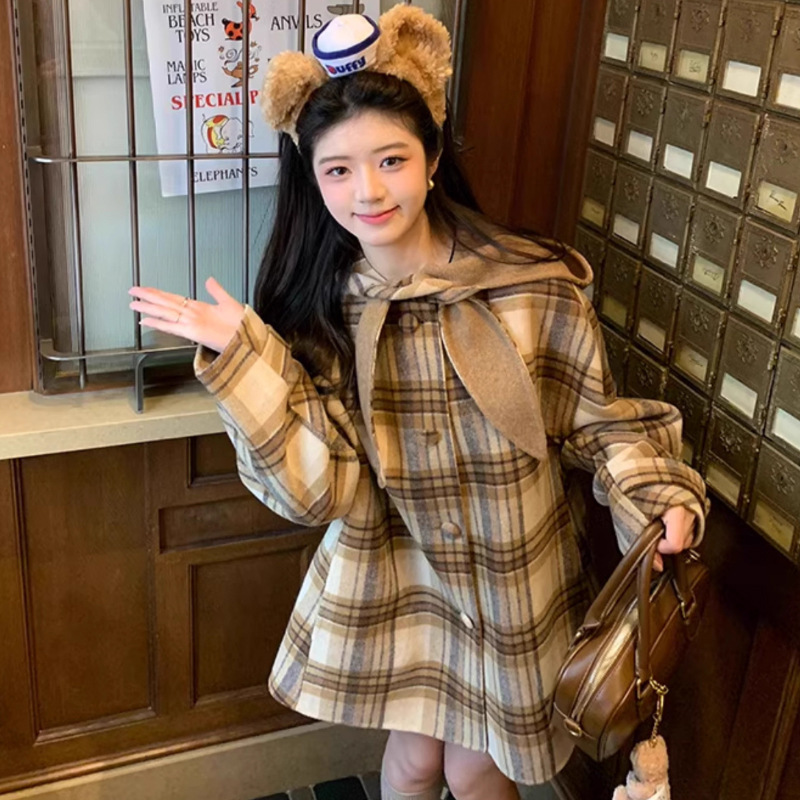 후드 체크 모직 코트 브라운 반코트