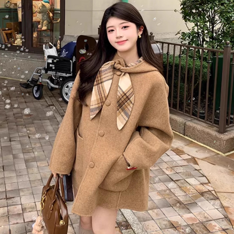 후드 체크 모직 코트 브라운 반코트