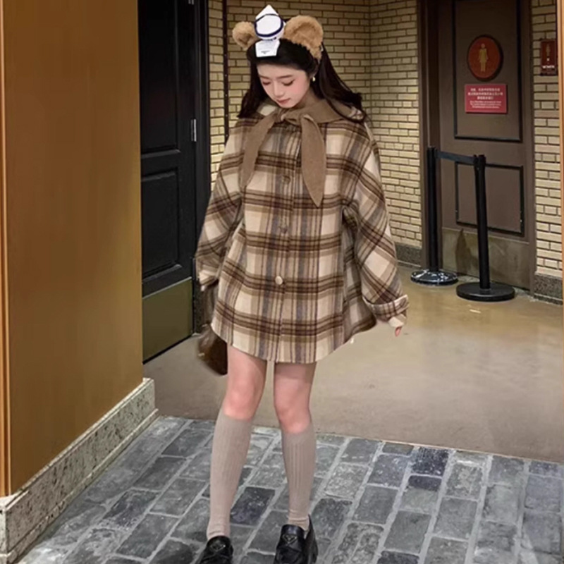 후드 체크 모직 코트 브라운 반코트