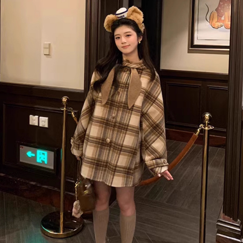 후드 체크 모직 코트 브라운 반코트