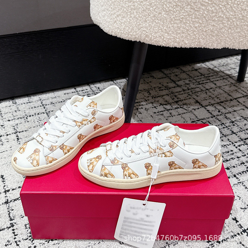 화이트 스니커즈 2025 신상품 가죽 캐주얼화 프린트 커플 타입 스트랩 라운드 토 플랫슈즈