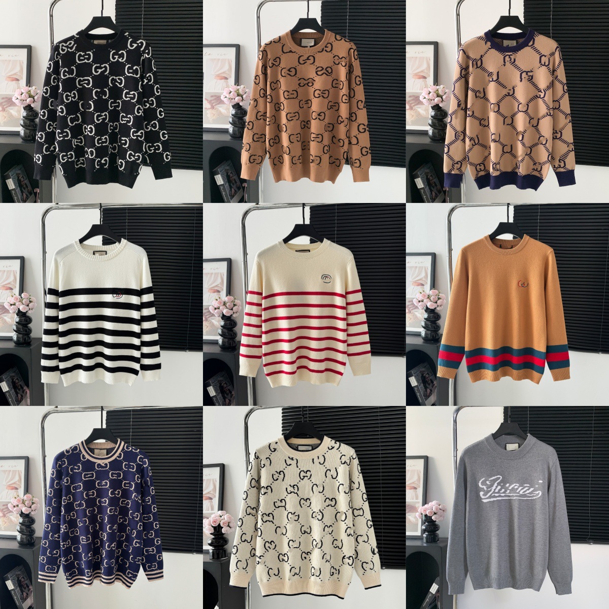 니트 가을 겨울 풀 프린팅 로고 자카드 라운드 넥의 루즈핏 남녀 커플 니트입니다