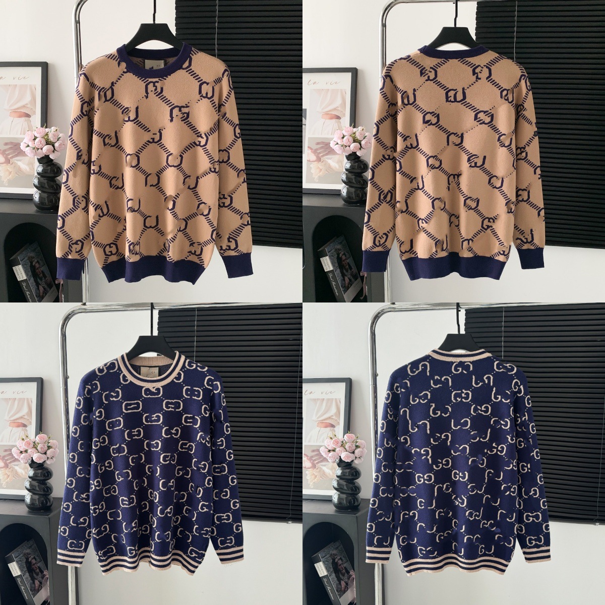 니트 가을 겨울 풀 프린팅 로고 자카드 라운드 넥의 루즈핏 남녀 커플 니트입니다