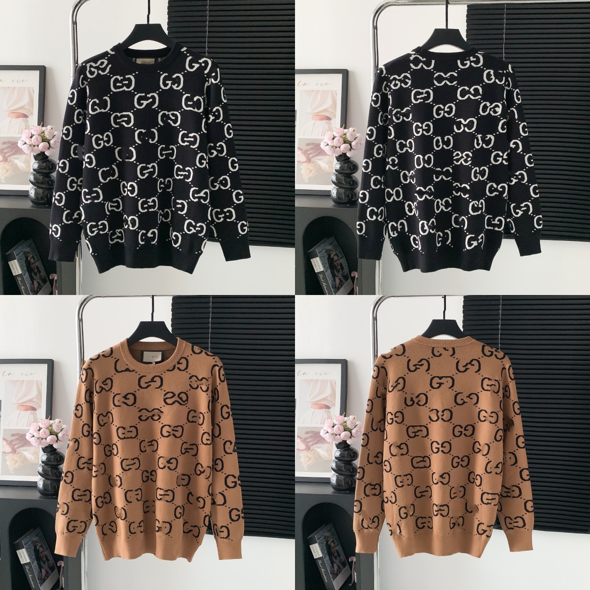 니트 가을 겨울 풀 프린팅 로고 자카드 라운드 넥의 루즈핏 남녀 커플 니트입니다