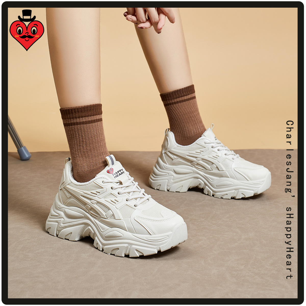 charles charles 복숭아하트 봄 & 가을 캐주얼 복고풍 와일드 스니커즈 할머니 신발 할머니 가을 아버지 신발