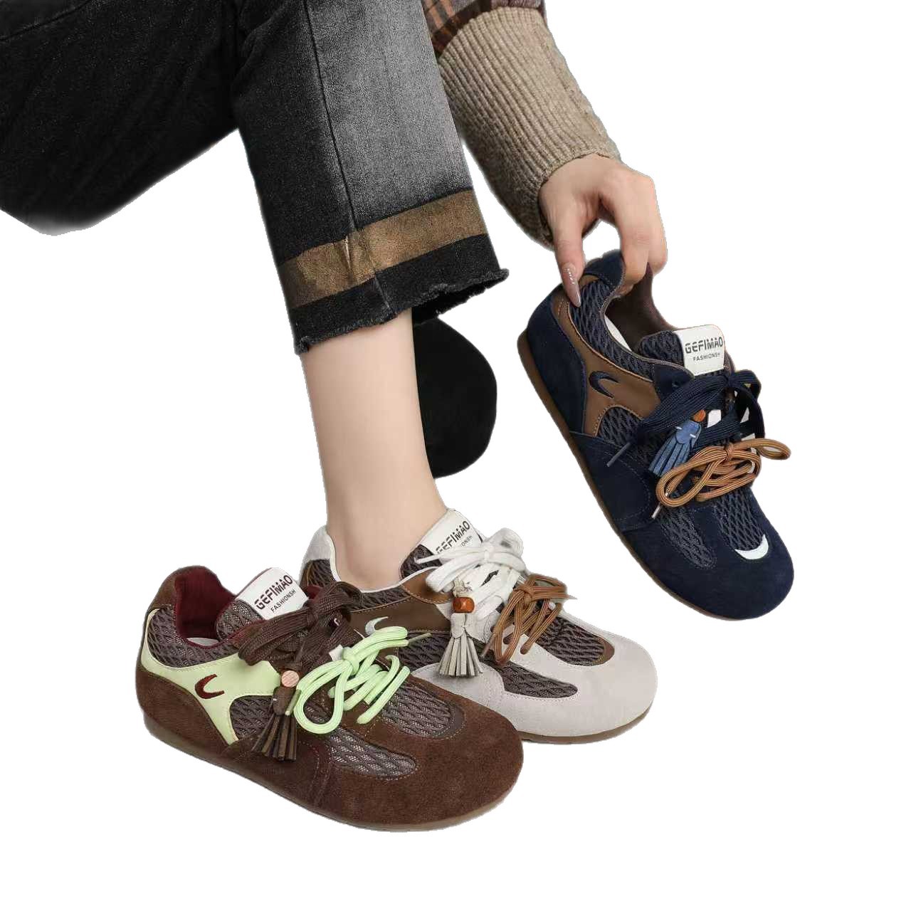 가죽 후드 아웃솔 덕훈 슈즈 여성 2025초가을 새로운 스타일의 편안한 캐주얼화 레트로 스포츠 작은 흰색 슈즈 스포티한 슈즈 여성