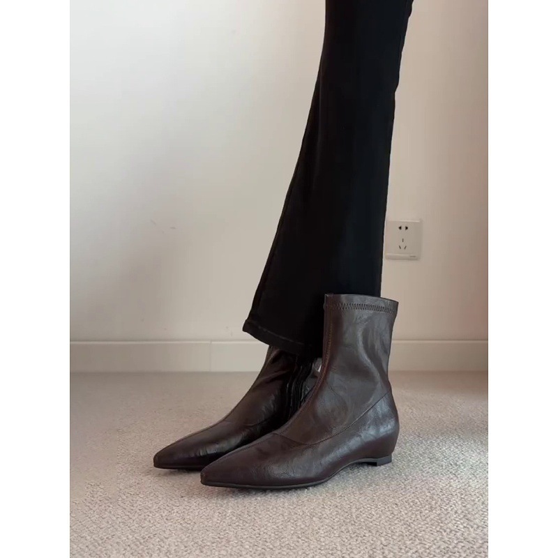 양가죽 프렌치 코 키높이 슬림부츠 여성 2025 와이드 앵글 부츠 진짜 가죽 웨지힐 첼시 부츠