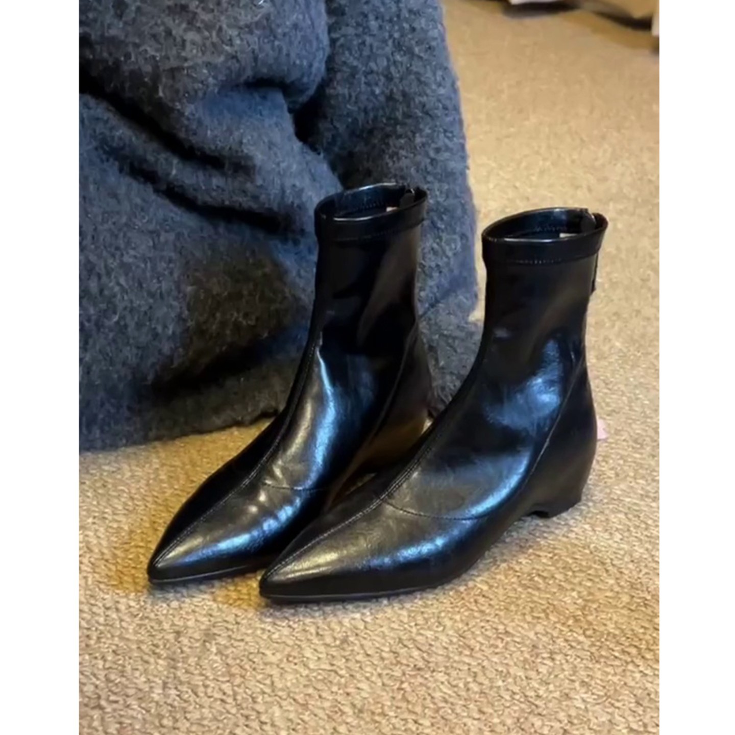 양가죽 프렌치 코 키높이 슬림부츠 여성 2025 와이드 앵글 부츠 진짜 가죽 웨지힐 첼시 부츠