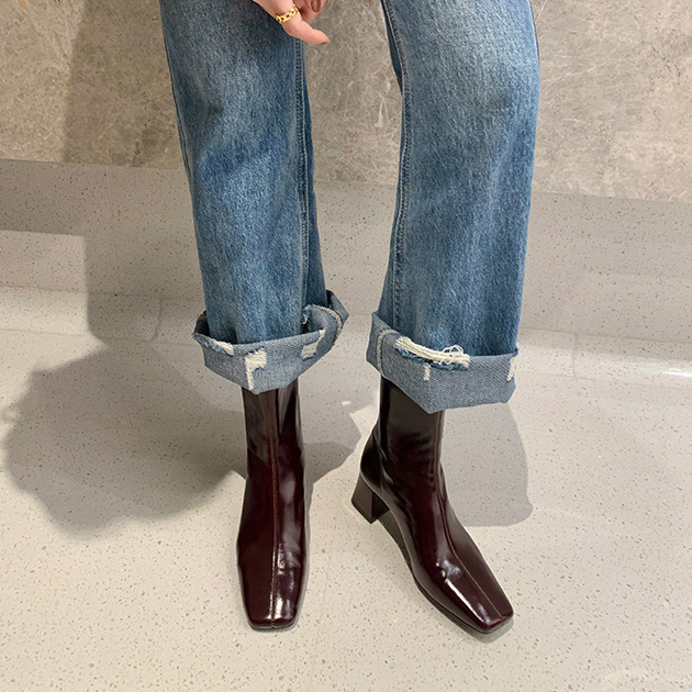 양가죽 가죽 부츠 여성용 굵은 굽 마틴 부츠 슬림한 부츠 한국용 발목 부츠 단부츠