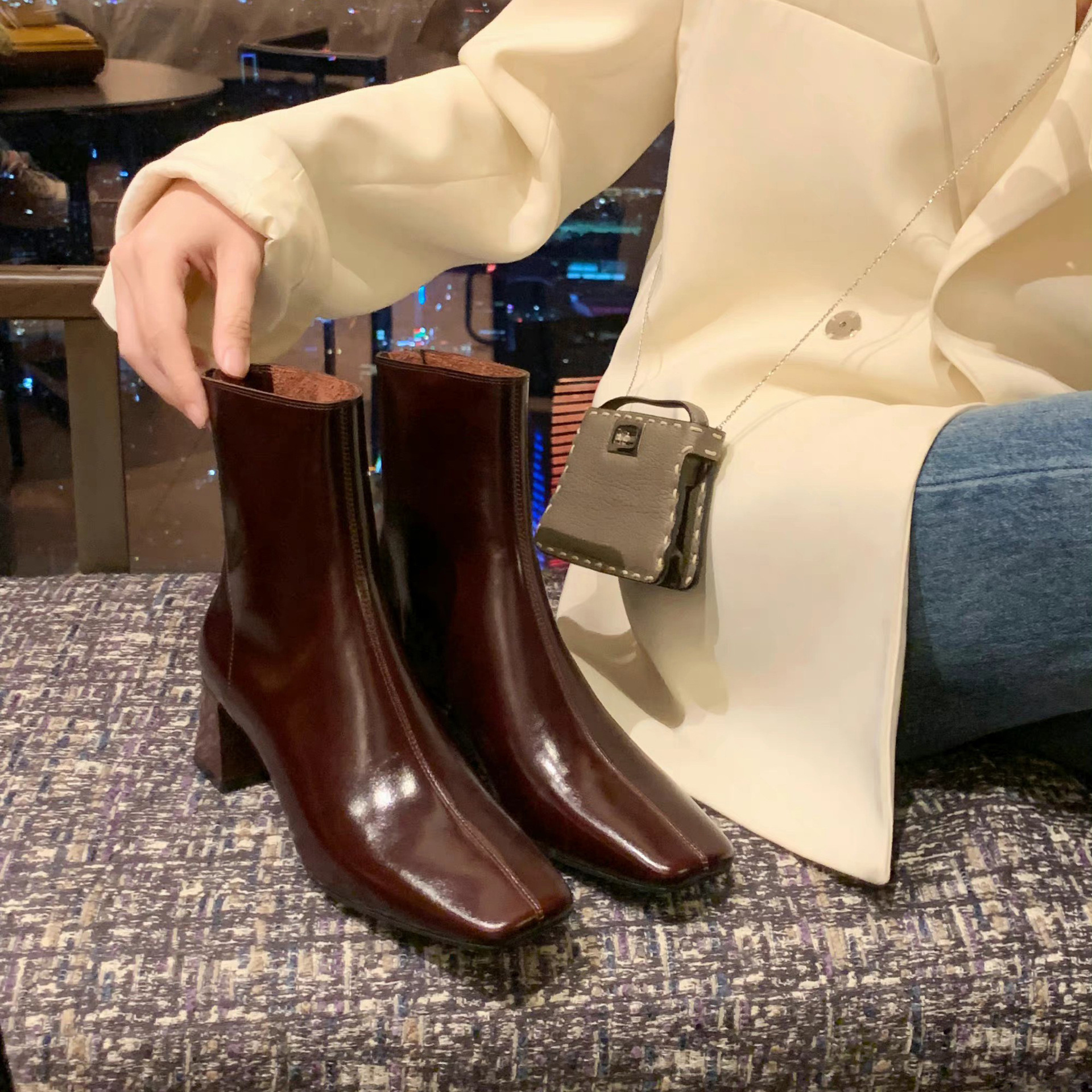 양가죽 가죽 부츠 여성용 굵은 굽 마틴 부츠 슬림한 부츠 한국용 발목 부츠 단부츠