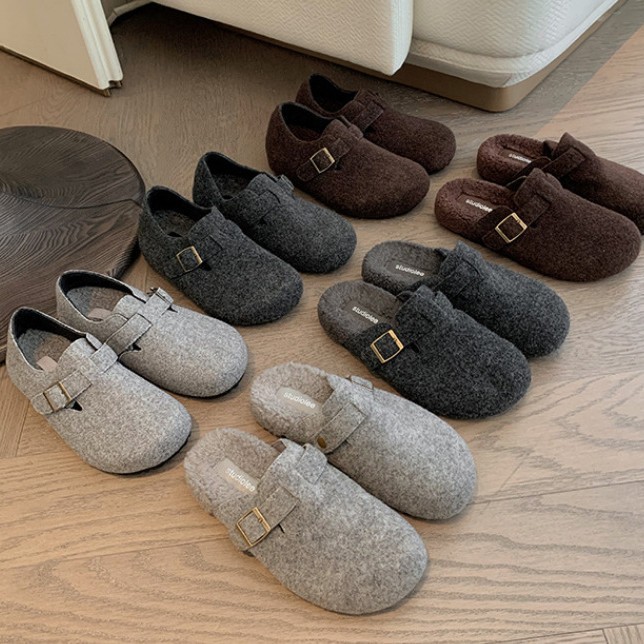 소가죽 퍼 버켄 슈즈 속 키높이 통굽에 기모 보온 슬립온 일자 포켓 슬리퍼 겨울 솜스니커즈