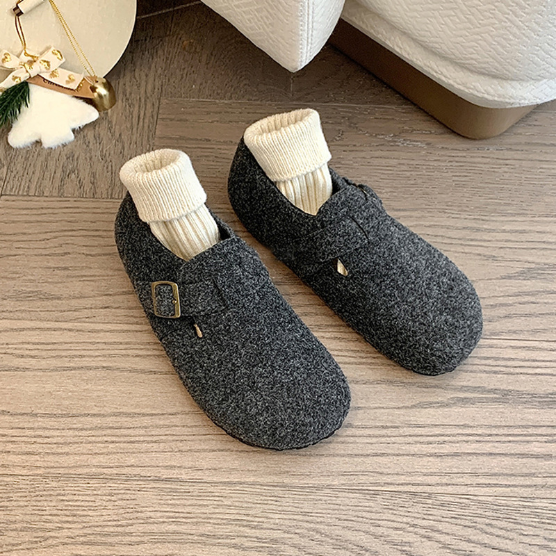 소가죽 퍼 버켄 슈즈 속 키높이 통굽에 기모 보온 슬립온 일자 포켓 슬리퍼 겨울 솜스니커즈