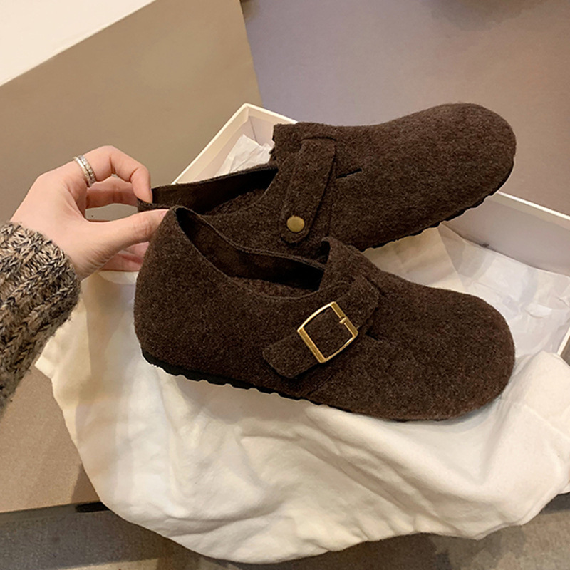 소가죽 퍼 버켄 슈즈 속 키높이 통굽에 기모 보온 슬립온 일자 포켓 슬리퍼 겨울 솜스니커즈