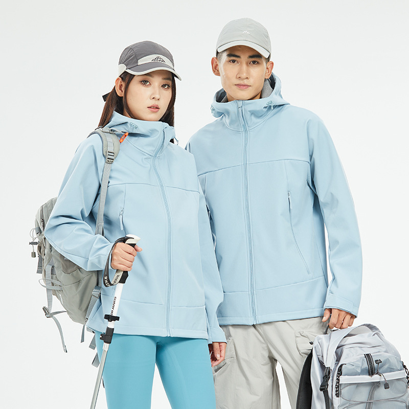 여자는 보모를 덧씌운 부드러운 바람막이 코트남자는 야외 도보 보온 방수 등산복