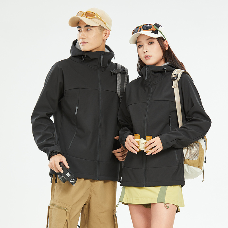 여자는 보모를 덧씌운 부드러운 바람막이 코트남자는 야외 도보 보온 방수 등산복