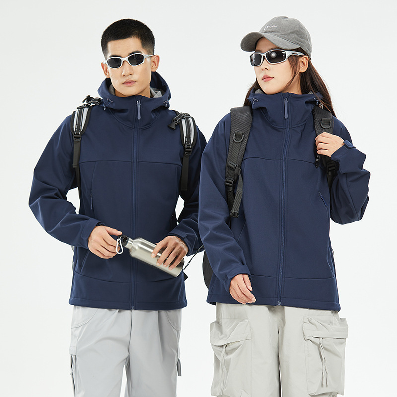 여자는 보모를 덧씌운 부드러운 바람막이 코트남자는 야외 도보 보온 방수 등산복