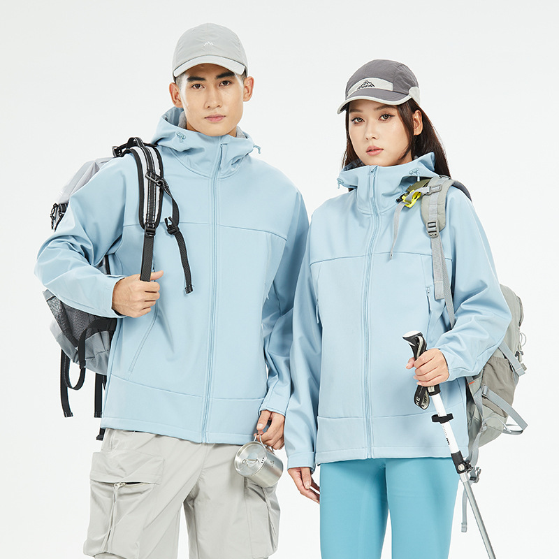 여자는 보모를 덧씌운 부드러운 바람막이 코트남자는 야외 도보 보온 방수 등산복