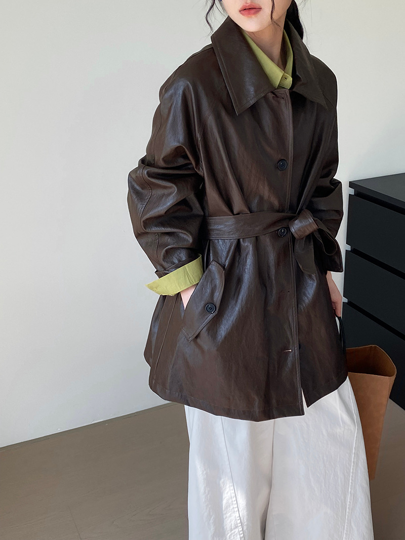 레더 라인 빈티지 터틀넥 벨트 아우터 럭셔리 쿨한 탑