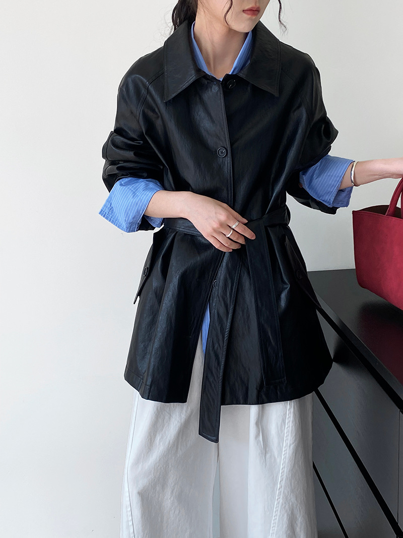 레더 라인 빈티지 터틀넥 벨트 아우터 럭셔리 쿨한 탑