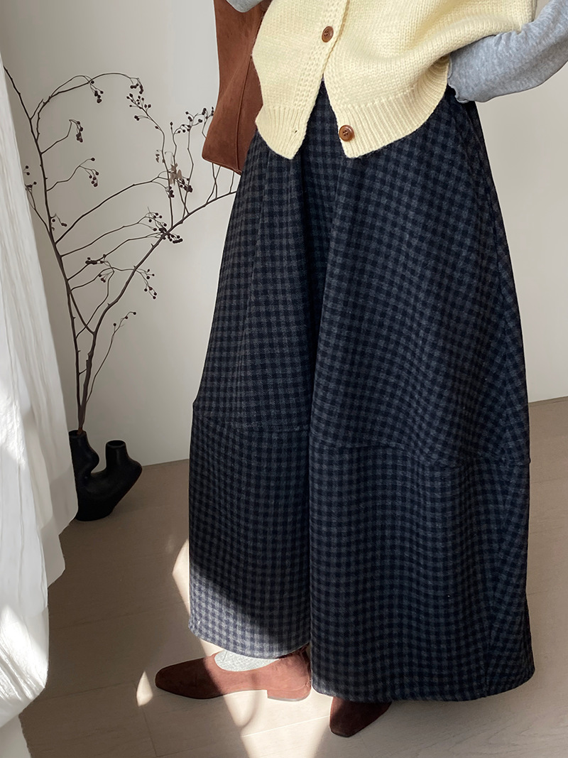 플라워 스커트 빈티지 40 울 체크 스커트 여성 레몬 센 계열 트위드 롱 스커트