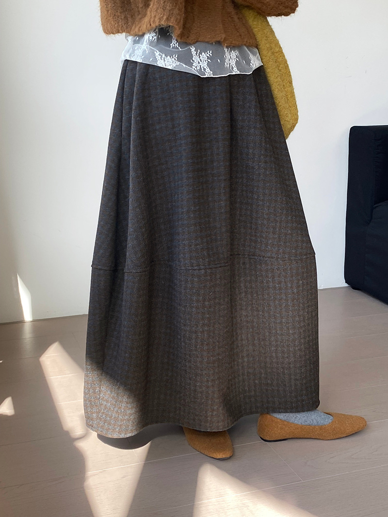 플라워 스커트 빈티지 40 울 체크 스커트 여성 레몬 센 계열 트위드 롱 스커트