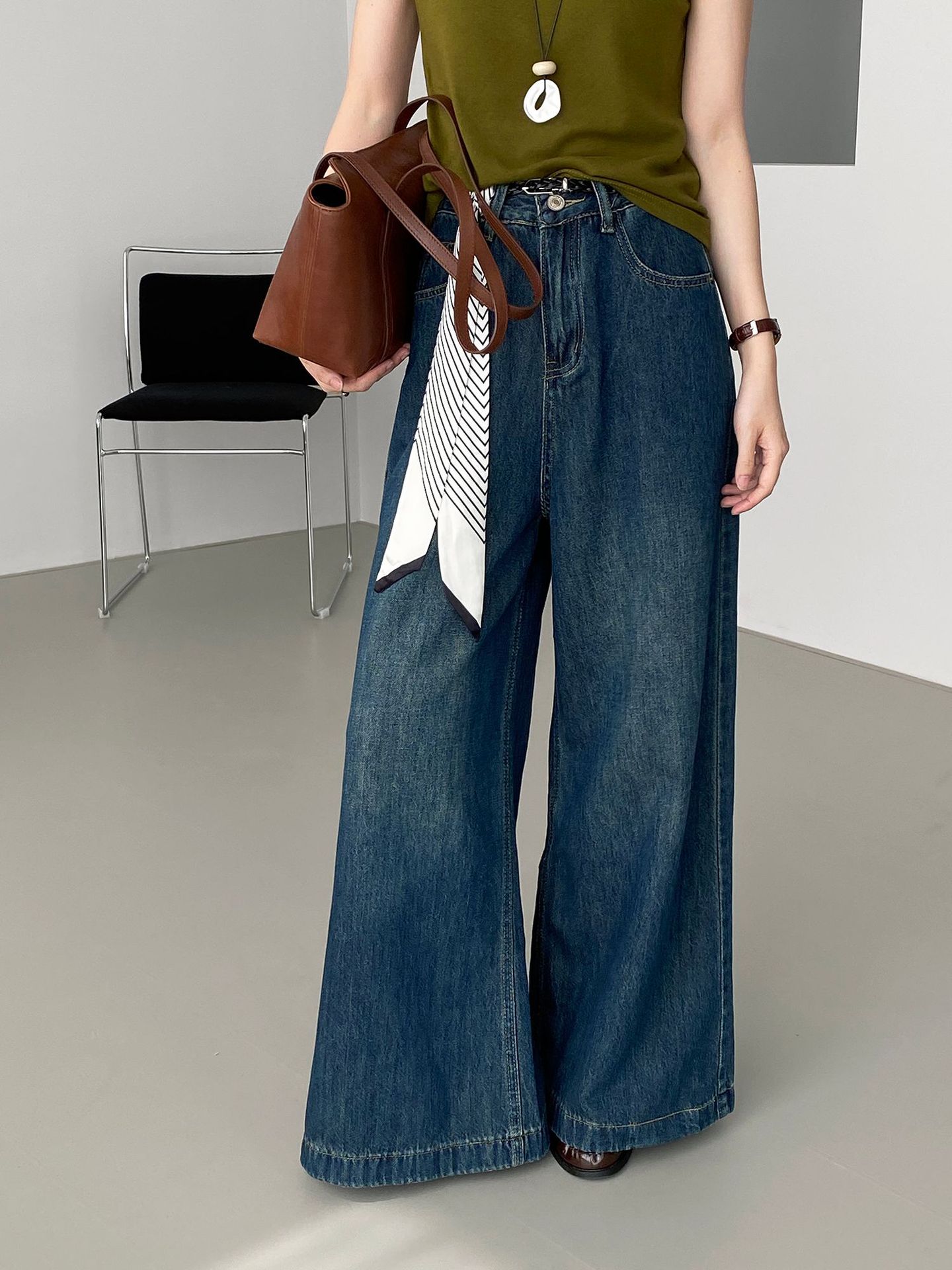 빈티지한 헐렁한 통 와이드 팬츠 여성 하이웨이스트 착 워싱 데님 팬츠