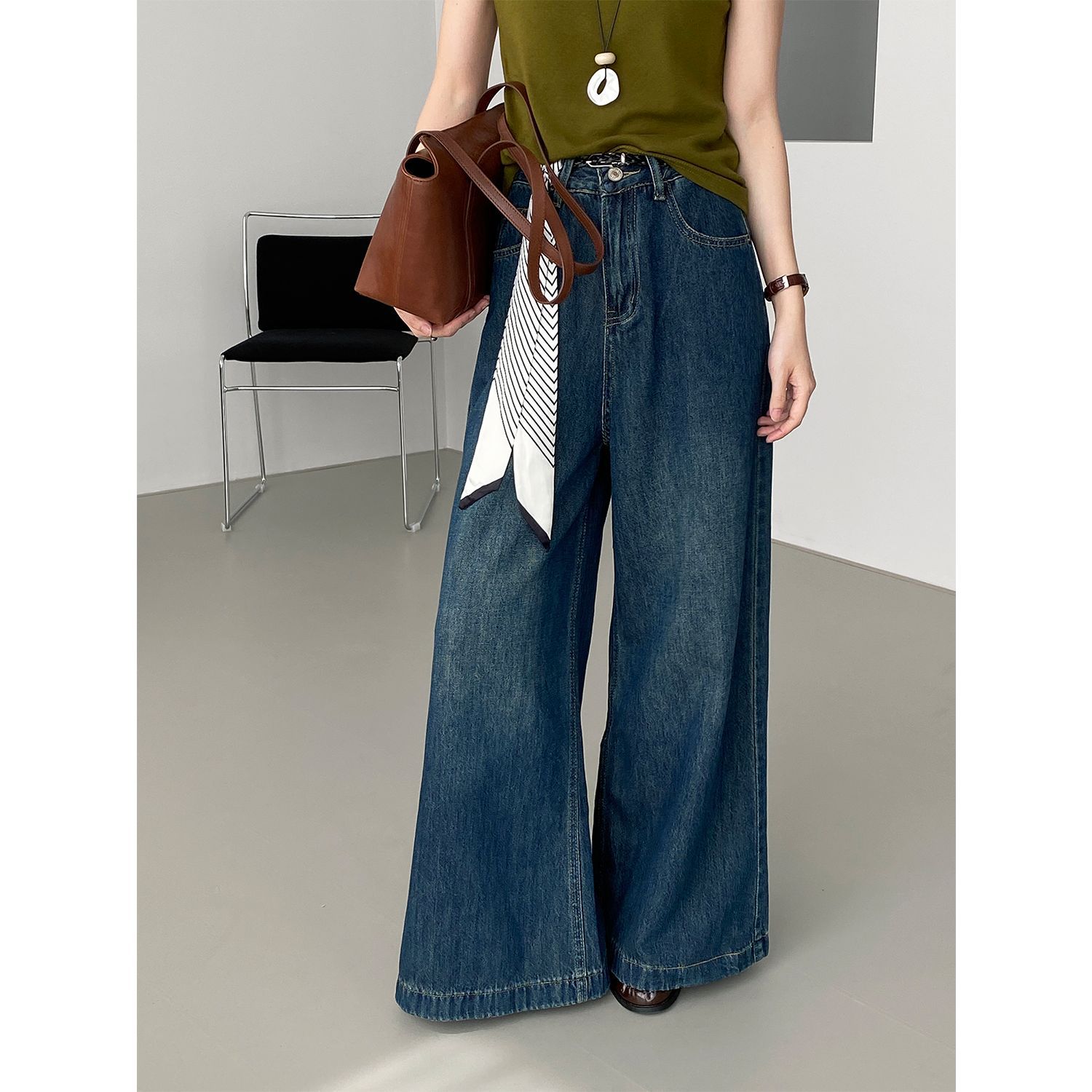 빈티지한 헐렁한 통 와이드 팬츠 여성 하이웨이스트 착 워싱 데님 팬츠