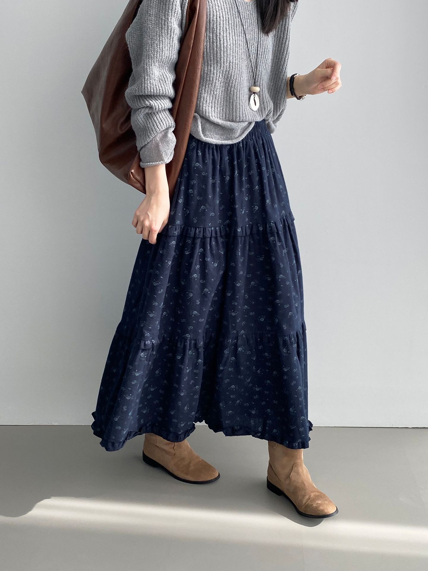 초가을 문학 부드러운 갈기 꽃무늬 스커트 여성 하이웨이스트 날씬해 보이는 레이스팅 스커트