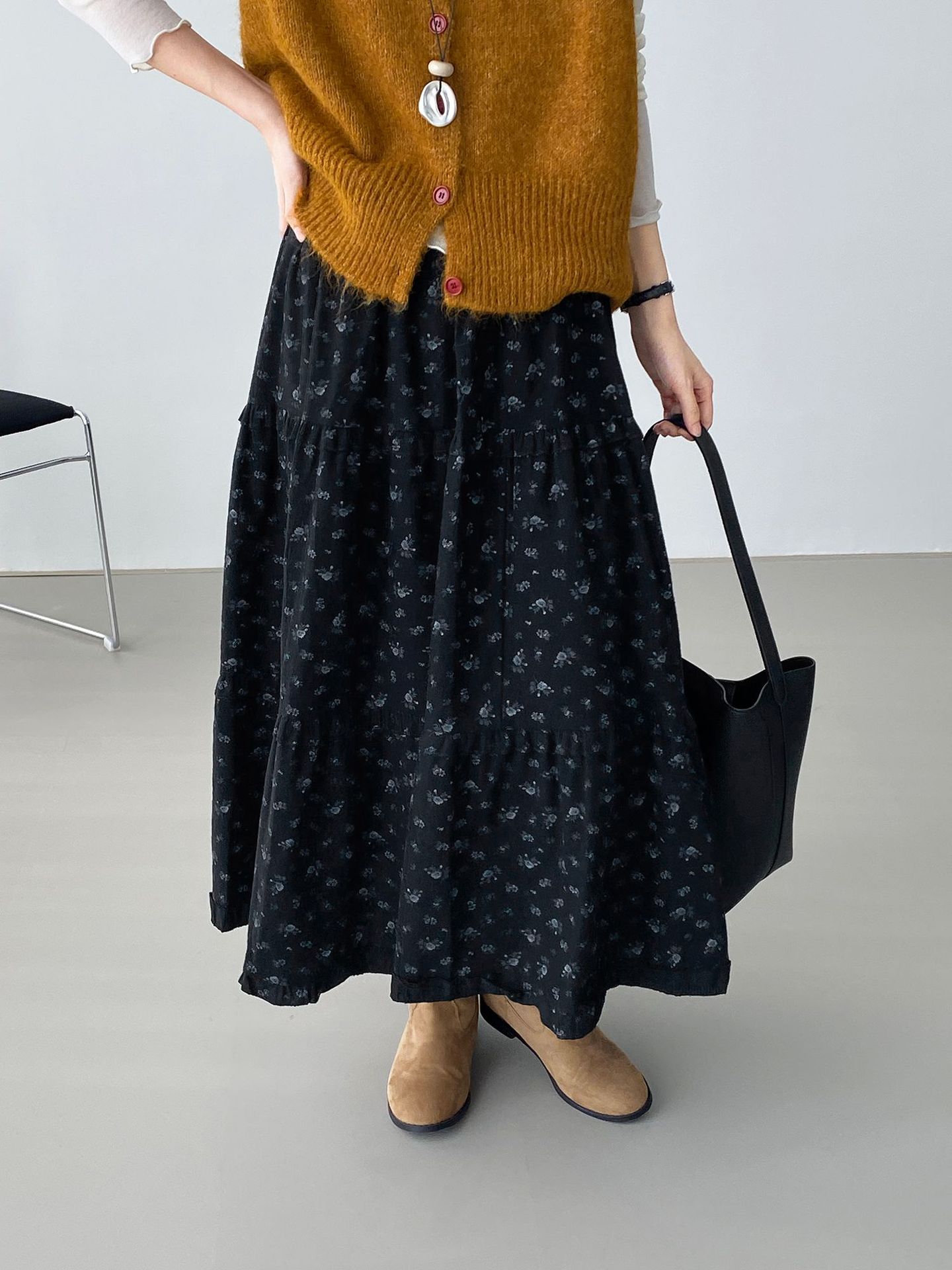 초가을 문학 부드러운 갈기 꽃무늬 스커트 여성 하이웨이스트 날씬해 보이는 레이스팅 스커트