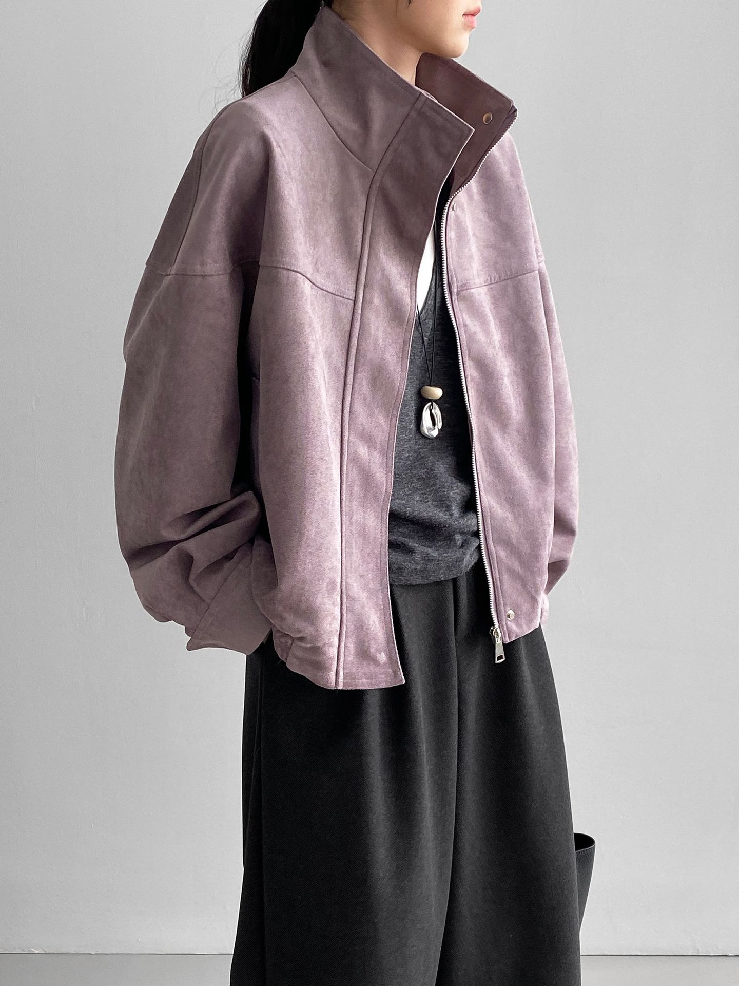 클래식한 멜라드 칼라 재킷 아우터 여성스러운 터틀넥 캐주얼하고 루즈한 스웨이드 탑