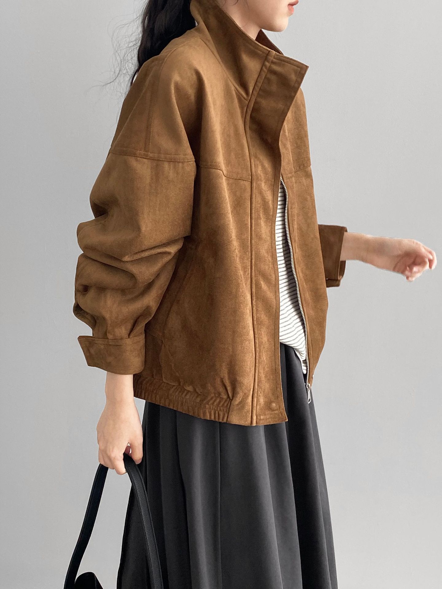 클래식한 멜라드 칼라 재킷 아우터 여성스러운 터틀넥 캐주얼하고 루즈한 스웨이드 탑