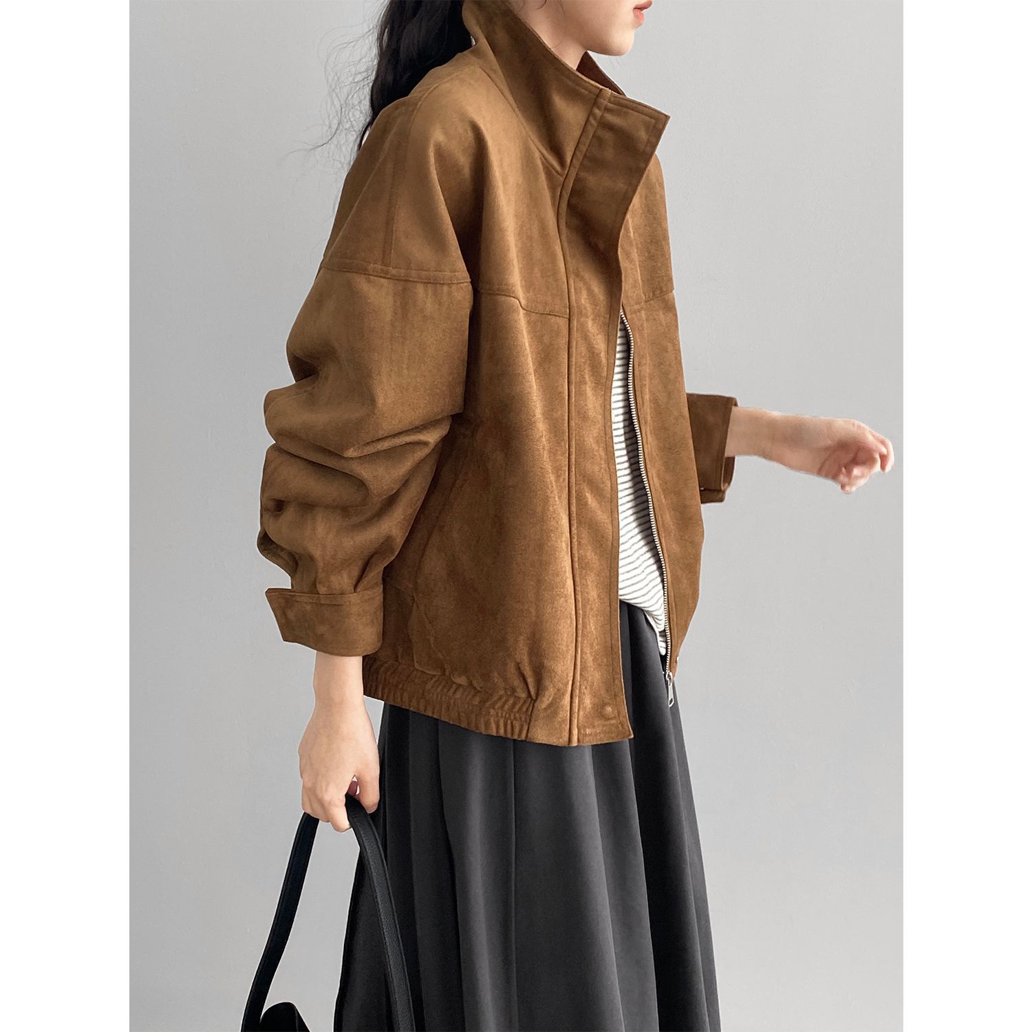 클래식한 멜라드 칼라 재킷 아우터 여성스러운 터틀넥 캐주얼하고 루즈한 스웨이드 탑