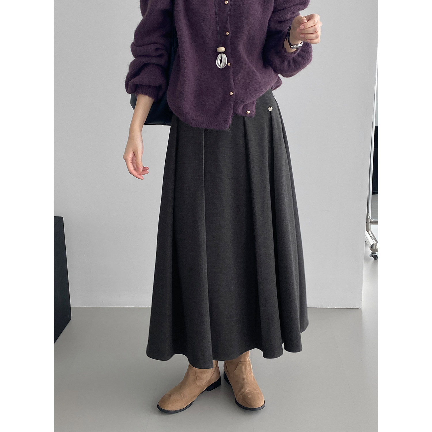 가을과 겨울 스커트에 매치하기 좋다. 한국 모직 플리트 스커트, 여성 하이웨이스트 날씬해 보이는 우산 밴딩 스커트