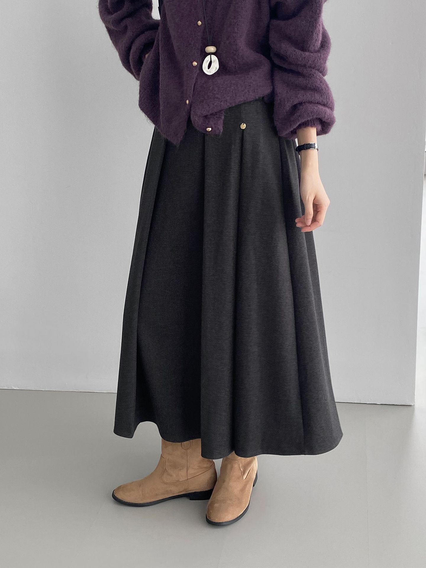 가을과 겨울 스커트에 매치하기 좋다. 한국 모직 플리트 스커트, 여성 하이웨이스트 날씬해 보이는 우산 밴딩 스커트